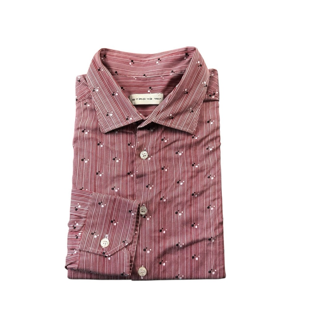 Etro Milano Mens Red Striped Dot Print Cotton Button Front Shirt Size 43 17